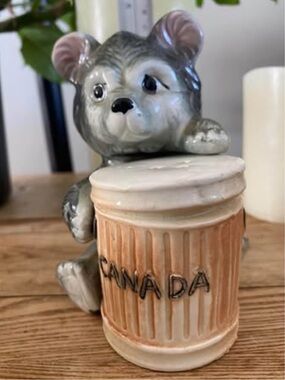 Vintage Ceramic Bear & Trash Can Salt and Pepper Shakers | Canada Souvenir